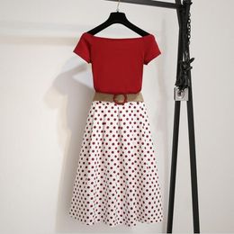 Summer Two piece Tshirt Sets Women Off shoulder Solid Crop Tops +High Waist Dot Print A-line Skirt Suits With Free Braided Belt T200702