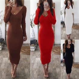 Women Package Hip Knitted Winter Dress Sexy Low Chest Deep V Neck Elegant Slim Bodycon Dress Autumn Pencil Long Vestidos Female 201028