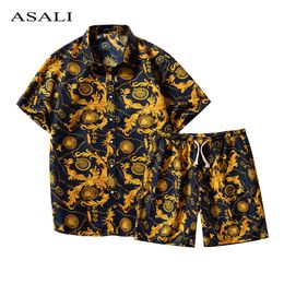 Men Short Sleeve Shirts+Shorts Mens Summer Casual Fashion Floral Print Tracksuit Sets Male 2 Pieces Set Beach Shorts Shirts LJ201124