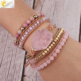 CSJA Natural Stone Bracelet Pink Quartz Leather Wrap Bracelets for Women Rose Gems Crystal Beads Bohemia Jewellery 5 Strand S308 220222