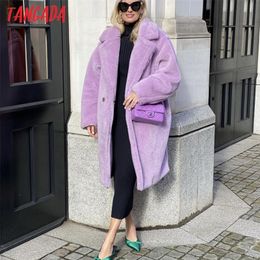 Tangada 2020 Winter Women Oversized Purple Teddy Long Coat Warm Thick Elegant Long Sleeve Coat Female Overcoat LJ201202