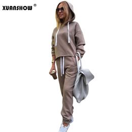 XUANSHOW Womens Tracksuit Set Sportswear Long Sleeve Hoodies+Full Pants 2 Piece Set Solid Casual Women's Sport Suit 201104
