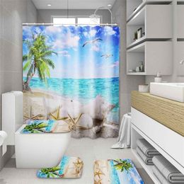 Sea Tree Summer Beach Printed Pattern Bathroom Shower Curtain Pedestal Rug Lid Toilet Cover Mat Non-Slip Bath Mat Carpet Set LJ201130