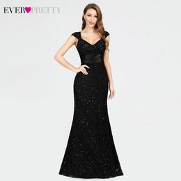 Elegant Lace Evening Dresses Long Ever Pretty Mermaid Double V-Neck Beaded Sparkle Black Party Gowns Vestido Sirena Largo 2020 LJ201123