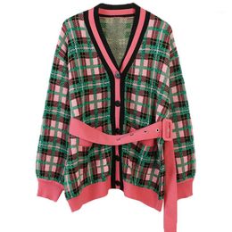 Women Pink Plaids Knitted Cardigans Single Breasted Long Sleeve Sweaters High Way Good Quality Womens Knitwears with Belts1