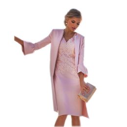 Elegant Pink Mother of the Bride Dresses with Jacket Embroidered Satin Knee Length Coat Two Pieces Women Outfit