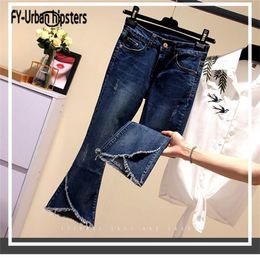 Women Denim Flare Pants Irregular Jeans Female Korean Thin Ankle-Length Pants Elastic mid Waist Nine tassel jeans Harajuku 201223