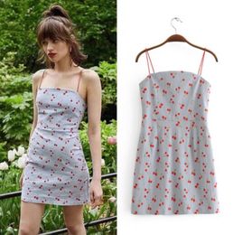 Fashion-Women's Dress New Stretch Cherry Print Backless Zipper Sling Dress Slim Short Skirt Blogger Street Dress