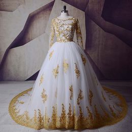 Real Picture Gold A Line Wedding Dresses Sequins Applique Long Sleeves Vestidos De Novia Beach Custom Made Sweep Train Chic Bridal Gowns