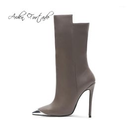 Arden Furtado Fashion Women's Shoes Pointed Toe Stilettos Heels Zipper Sexy Elegant Half Boots metal cap mid calf booties 43 441