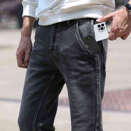 Men's Anti-theft Zipper Jeans Autumn Winter New Fashion Regular Fit Straight Smoky Grey Denim Pants Male Brand Trousers Blue G0104