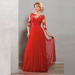 Red A Line chiffon Boat Neck Mother of the Bride Dresses Lace Applique Mother's Groom Gowns With 3/4 Sleeves