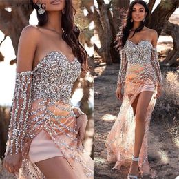Pink Glitter Sequins Prom Dresses Sexy Side Split Sweetheart Evening Gown Long Sleeves Custom Made Lumbar Formal Party Gowns Cheap s
