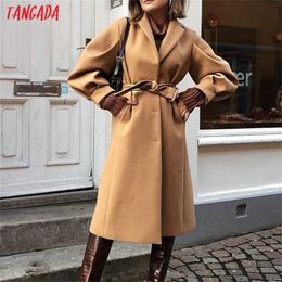 Tangada winter women khaki woolen coat warm thick with slash elegant puff long sleeve coat female overcoat SP19 201218
