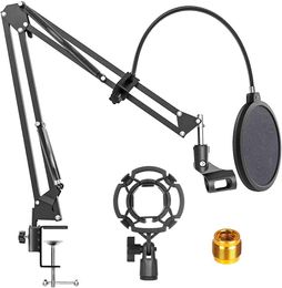 Microphone Stand,Mic Suspension Boom Scissor Arm Stand with Pop Filter and Shock Mount, 3/8" to 5/8" Adapter for Radio Broadcasting Studio