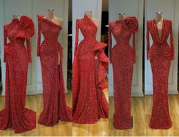 Long Sleeve Red Mermaid Dresses Gorgeous Bling Elegant Sexy Prom Dress Sequined Formal Evening Gowns Robe De Soiree Abendkleider