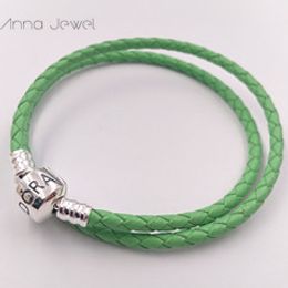 High quality Fine Jewellery Woven 100% genuine Leather Bracelet Light Green Mix size 925 Silver Clasp Bead Fits Pandora Charms Bracelet DIY Marking  for women men gifts