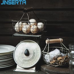 -Jinserta Metall Obstkorb Vintage Dessert Brot Snack Basket Küche Lebensmittel Snäckerei Organizer Mit Holzgriff Desktop Dekor Y1119