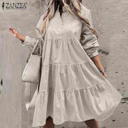 ZANZEA Elegant Women Shirt Dress Autumn Long Sleeve Buttons Solid Sundress Fashion Casual Ruffles Vestidos Robe Work OL Dresses Y220214