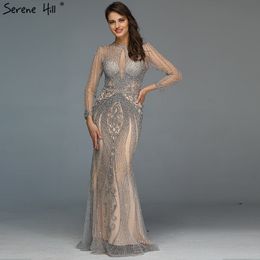 Dubai Long Sleeves Grey Luxury Evening Dresses O-Neck Full Diamond Mermaid Formal Dress 2020 Serene Hill Plus Size LJ201124