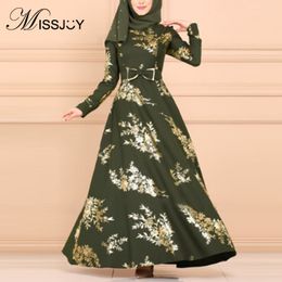 MISSJOY Muslim Women Dress Formal Evening Party Middle Eastern Sashes Bow Elegant Abayas Printed Turkish Islamic Clothing 201204
