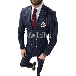 Popular Stripe Groomsmen Double-Breasted Groom Tuxedos Men Suits Wedding/Prom Best Man Blazer ( Jacket+Pantst+Tie) Y235