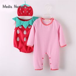Baby girl outfit strawberry costume full sleeve romper+hat+vest infant halloween festival purim pography clothing 211229