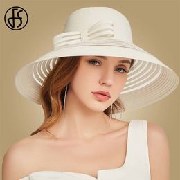 FS Women Straw Hat With Big Bow White Black Wide Brim Floppy Foldable Beach Hats Female Ladies Spring Summer Visor Sun Caps Y200602