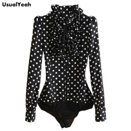 New Hot Fashion Korea Style Vintage Chiffon Polka Dots Women's Body Blouse Tops Shirt Stand Collar Ruffles S M L XL SY0185 H1230