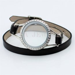Charme Braceletes Design Preto Cristal Pu Couro Flutuante Memória Living 30mm Twist Glass Lockets Bracelet1
