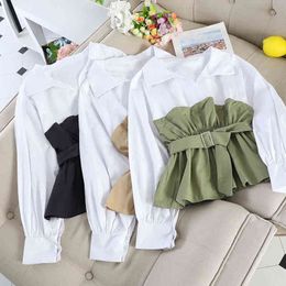 White Collar Shirt Ruffles Casual Blouse Tops Women Long Sleeve Stitching Tunics V Neck Ladies Clothes With Belted 2021 Fashion H1230