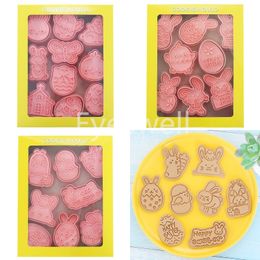 Easter Cookie Cutters 3D Embossing Cookies Stamper Plastic DIY Biscuit Mold Rabbit Bunny Egg Embossing Fondant Baking Moulds