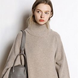 Cashmere sweater women's new high-neck cashmere sweater women's solid Colour long loose sweater large size knit bottoming shirt 201023