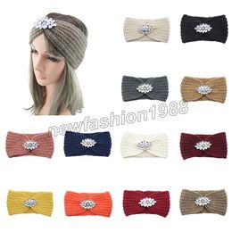 Knitted Headband Winter Wide Rhinestone Ear Warmer Accessories Women Clear Crystal Flower Twist Crochet Hair Band Head Wrap