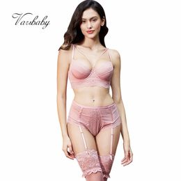 Varsbaby sexy Y-lined unlined underwear floral lace 3/4 cup underwire bra set bra+panties+stockings 3 pcs Y200708