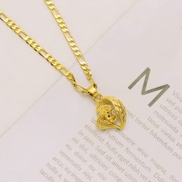 Womens 24k Solid Yellow Fine Gold FINISH Heart Rose flower Pendant Italian Figaro Link Chain Necklace