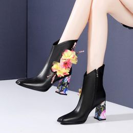 Boots Brand Genuine Cow Leather Shoes Woman Ankle Autumn Winter Warm Sexy High Heels Zipper Black Red Dress Short Boot1