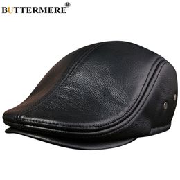 BUTTERMERE Flat Caps Men Real Leather Duckbill Hats Berets Earflaps Black Casual Directors Cap Male Vintage Winter Driving Caps Y200110