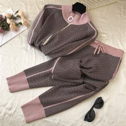 fashion women tracksuit patchwork turtleneck zipper knitted cardigans sweater pants suit 2 piece set trousers elastic LJ201120