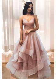 vestidos mujer 2020 glaring pink Evening Dresses pleated v neck cascading ruffles robe courte Prom Dresses party dress Long Formal Gowns