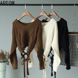 Long-sleeved Knitted Pullovers Women's Autumn Clothes New Back Butterfly Knot with Round Collar Clothing Short Sweater 201109