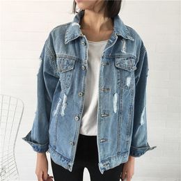 Womens Jean Jackets Retro Turn-down Collar Denim Jacket Loose Oversize Basic Coats Motorcycle Punk Ripped Hole Female Outwear 201023