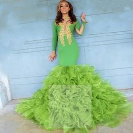 Long Sleeves Green Mermaid Prom Dresses Luxury Gold Lace Applique Long Sleeve Ruffles Skirt African Evening Gown Robe De