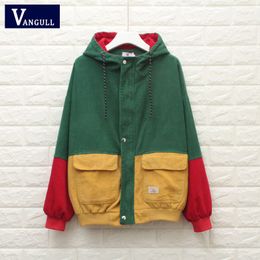 Winter Warm Color Block Hooded Corduroy Jacket Drawstring Hit Color Patched Pocket Thick Basic Women Coat Harajuku Vangull T200319