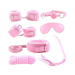 Nxy Sm Bondage 7-piece/set Kraag Hairy Fuzzy Bed Gear Terughoudendheid Set Kit Bal Gag Manchet Wave Sexy Products Sex Toys for Lovers 1216