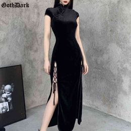 -Goth Escuro Escuro Romântico Veludo Veludo Vestidos Vintage Mulheres Black Bandage Slithcon Bodycon Dress Sexy Evening Wear Cheongsam W220215