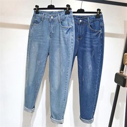 Jeans para mulheres plus size cintura alta solta streetwear feminino azul denim harem calças 4xl 5xl lj200811