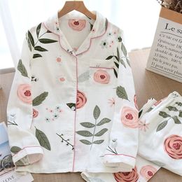 Cotton Gauze Fruits Floral Print Girls Pajama Set Long Sleeve Pockets Shirts Top Loose Pants Sleepwear Women Sets 2021 Kawaii 201217