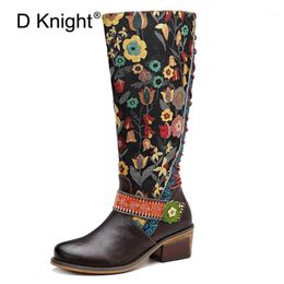 Fashion Retro Knee High Boots Women Genuine Leather Printed Flower Winter Autumn Boot Women Shoes Woman Zipper Block Heels Botas1