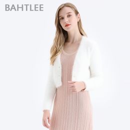 BAHTLEE Women Angora Short Cardigans Sweater Autumn Winter Wool Knitted Jumper Coat Long Sleeves O-Neck Suit Style Pearl Buckle 201031